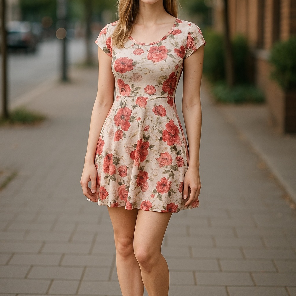 Shasa Cream and Red Floral Mini Dress‎ * Open Back * Size Small